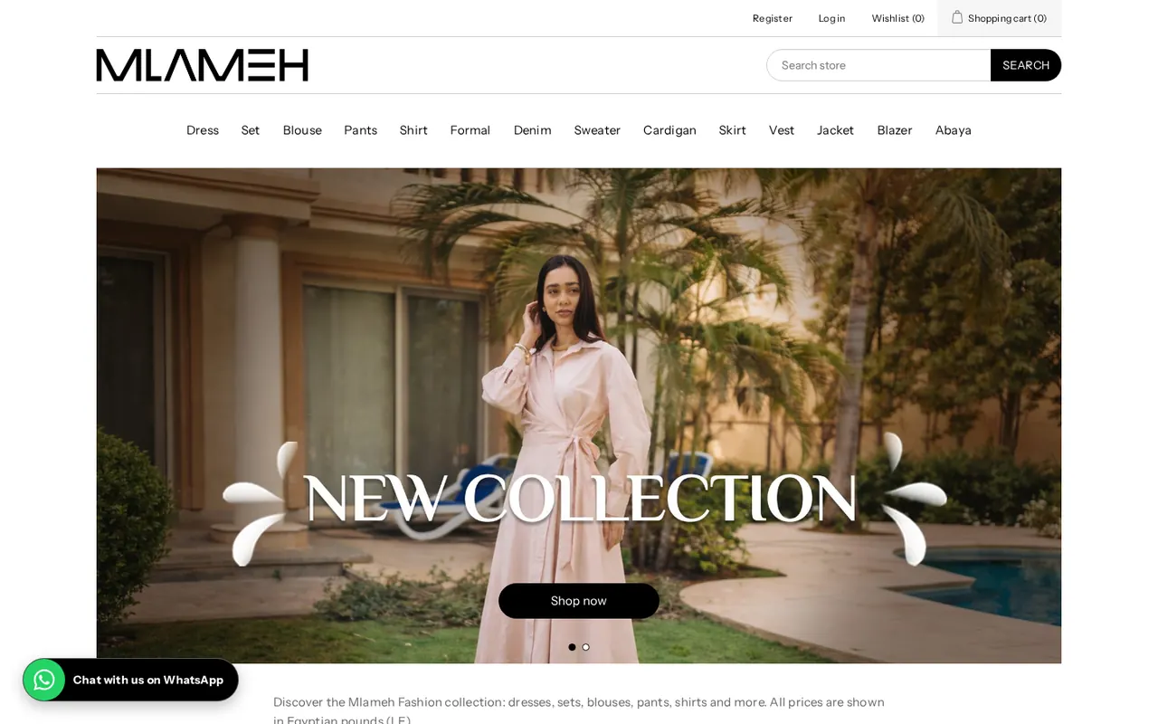 Real desktop screenshot of the Mlameh Fashion home page