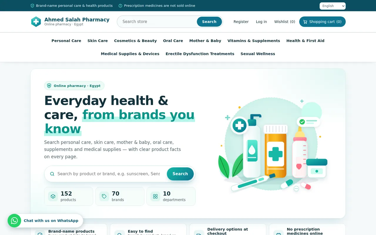 Real desktop screenshot of the Ahmed Salah Pharmacy home page