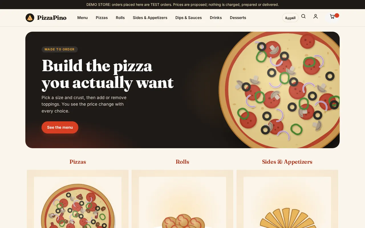 Real desktop screenshot of the PizzaPino home page