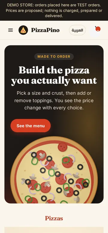Real mobile screenshot of the PizzaPino home page